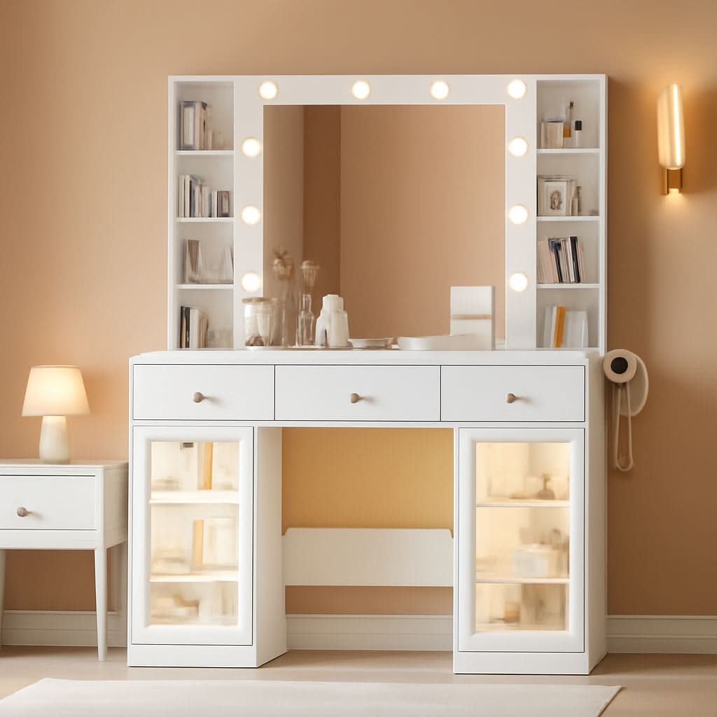 White LED Lighted Makeup Vanity Desk with Drawers-0