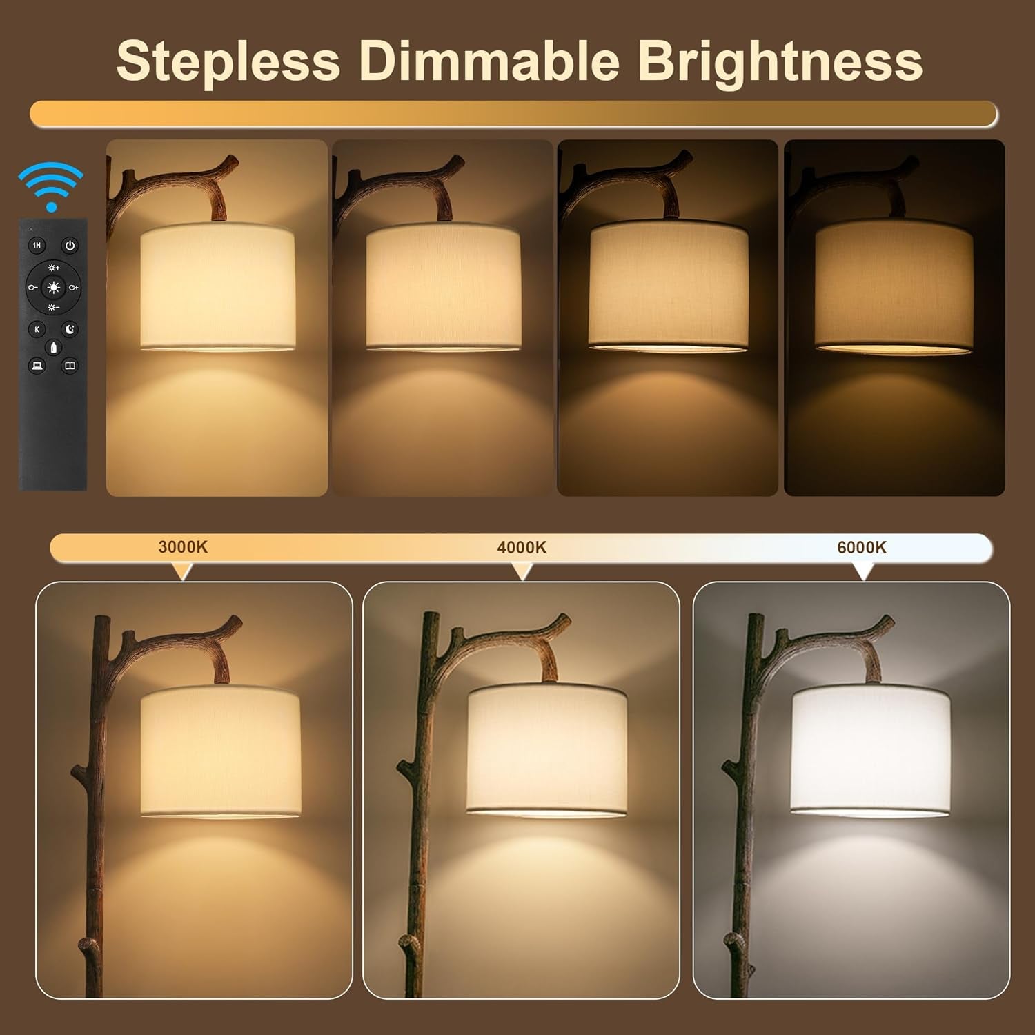 Brown Farmhouse Rustic Brushed Walnut Floor Lamp Remote