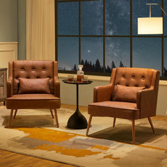 Two Brown Leatherette Mid Century Accent Chairs Set-2