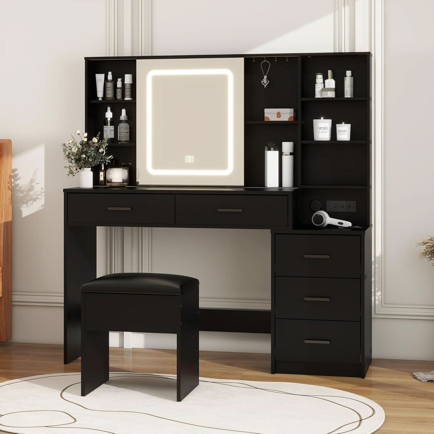 Black Vanity Desk With Large Mirror Illumination Mode-1