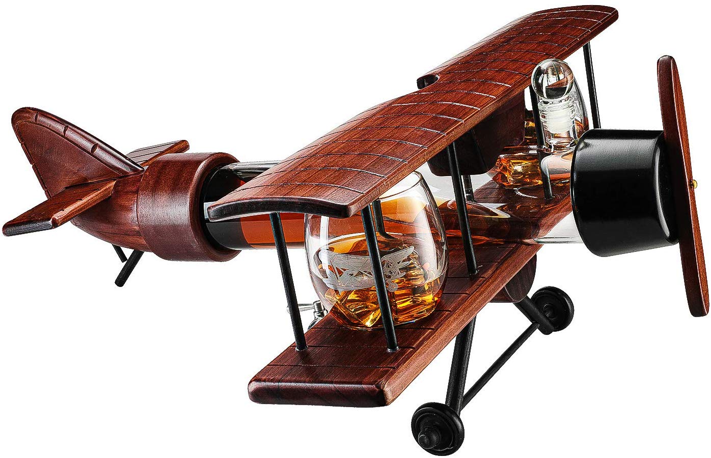 Whiskey & Wine Decanter Airplane Set and Glasses Antique Wood Airplane - The Wine Savant Whiskey Gift Set and 2 Airplane Glasses, Pilot Gift Moving Parts- Alcohol Related Gift, BAR DECOR Large 21"-2
