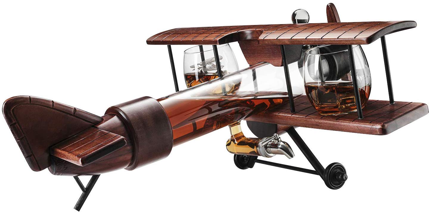 Whiskey & Wine Decanter Airplane Set and Glasses Antique Wood Airplane - The Wine Savant Whiskey Gift Set and 2 Airplane Glasses, Pilot Gift Moving Parts- Alcohol Related Gift, BAR DECOR Large 21"-4