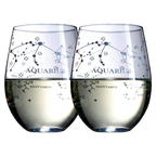Set of 2 Zodiac Sign Wine Glasses with 2 Wooden Coasters (Aquarius)-0