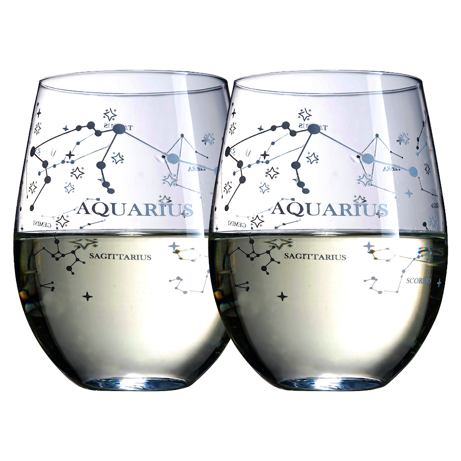 Set of 2 Zodiac Sign Wine Glasses with 2 Wooden Coasters (Aquarius)-0