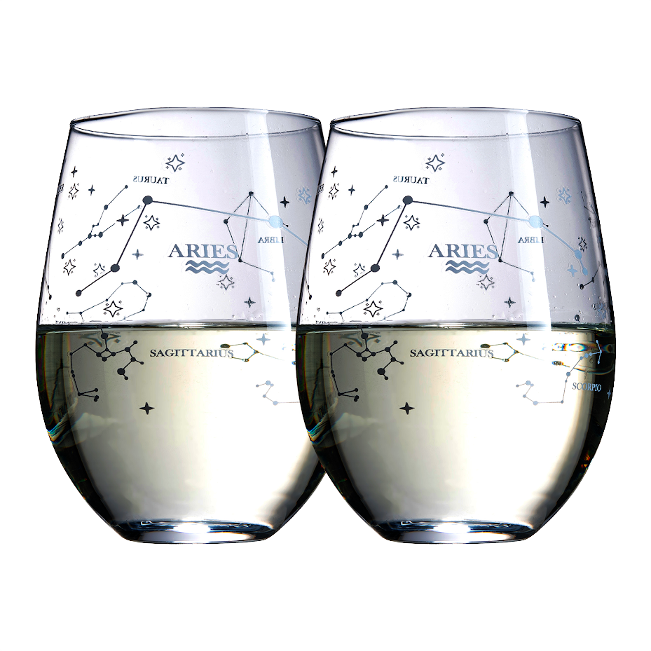 Set of 2 Zodiac Sign Wine Glasses with 2 Wooden Coasters (Aries)-0