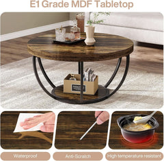 Round Coffee Table 31.7Inches Rustic Brown Storage-3