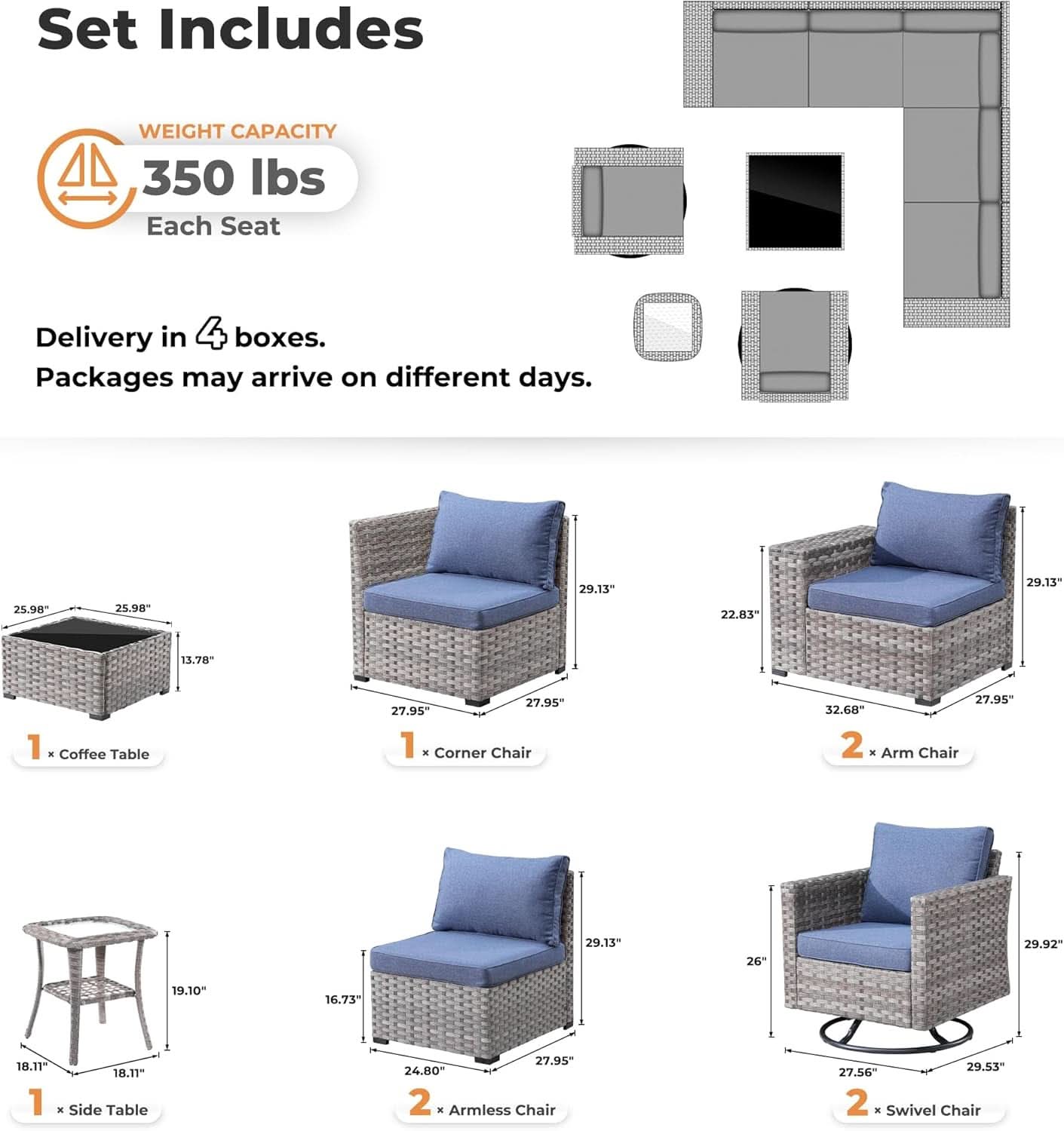 Outdoor Wicker Sectional Sofa Set with Swivel Chairs-1