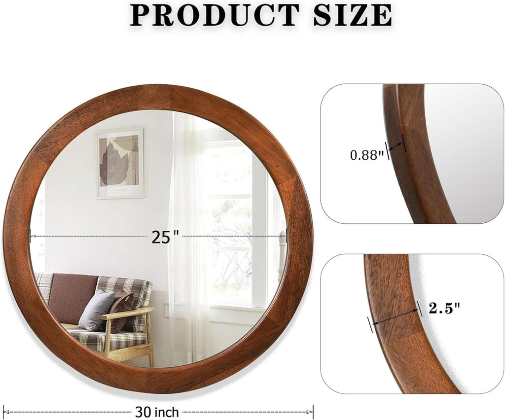 30 Inch Walnut Round Wall Mirror Rustic Style-4