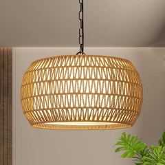 Rattan Farmhouse 5 Light Chandelier With Fabric Shade-1
