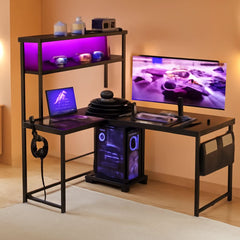 L Shaped Gaming Desk With LED Lights And Power Outlets-0