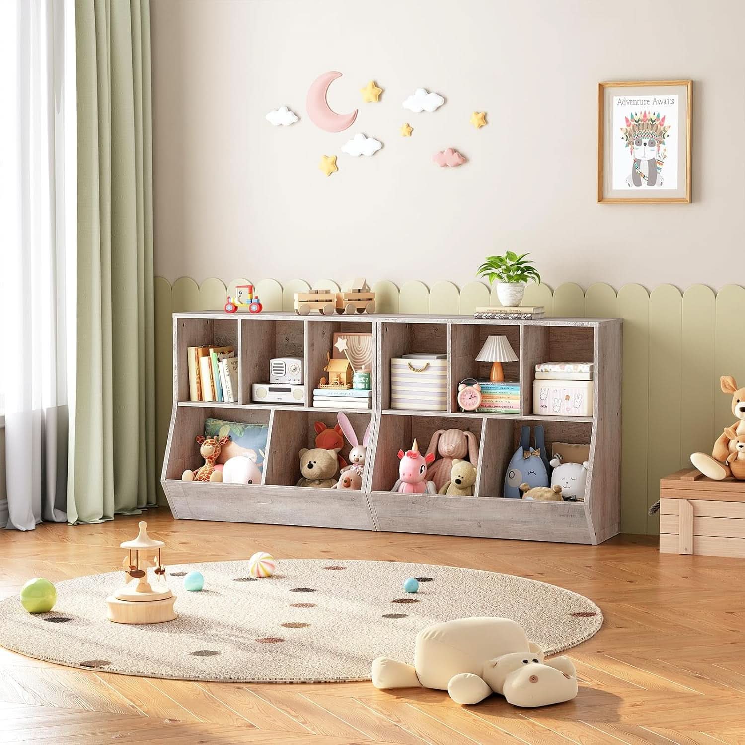 Kids Bookshelf Toy Storage Cabinet 35 Inch Long Greige-2