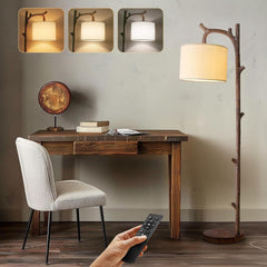 Brown Farmhouse Rustic Brushed Walnut Floor Lamp Remote-0