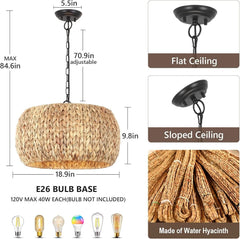 5 Light Farmhouse Rattan Chandelier Natural Water Hyacinth Shade-3