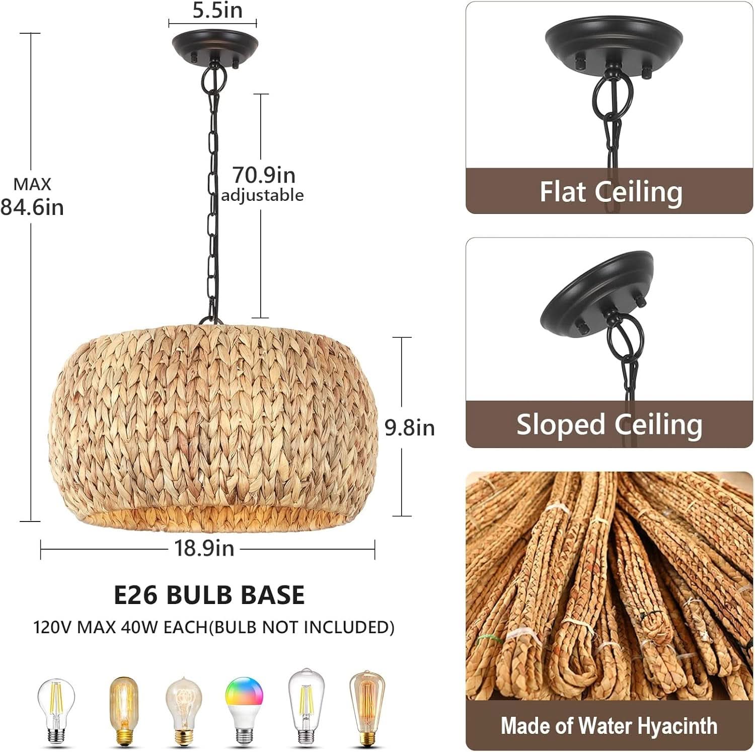 5 Light Farmhouse Rattan Chandelier Natural Water Hyacinth Shade-3
