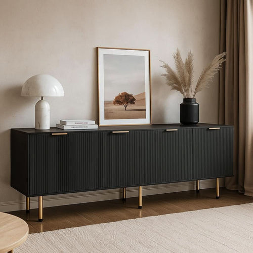 Black Fluted Mid Century Modern TV Entertainment Center With Storage-0