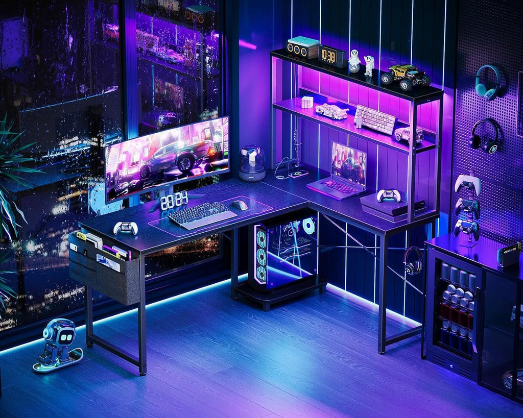 L Shaped Gaming Desk With LED Lights And Power Outlets-1