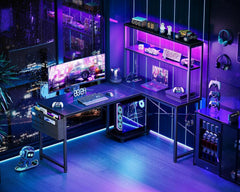 L Shaped Gaming Desk With LED Lights And Power Outlets-1