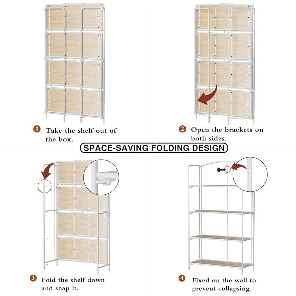 No Assembly Foldable Bookshelf 4 Tier White Bookcase-3