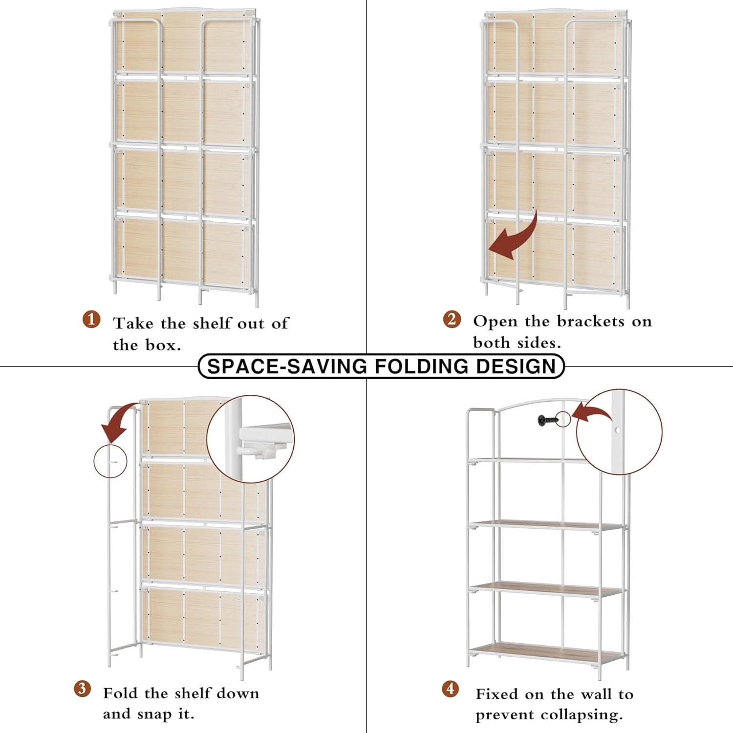 No Assembly Foldable Bookshelf 4 Tier White Bookcase-3