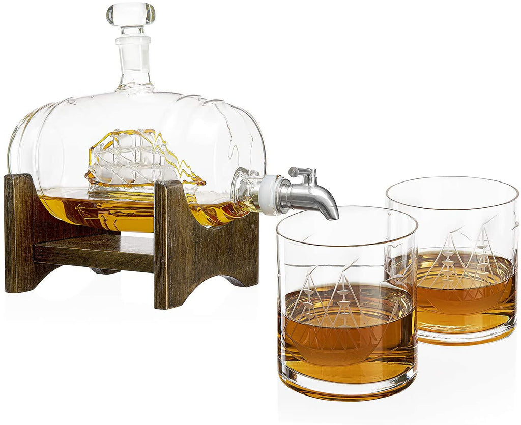 Whiskey Ship in a Barrel Decanter With Ship, 2-10 oz Glasses