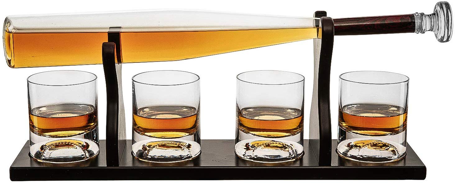 Baseball Bat Whiskey Decanter Set with 4 Baseball Glasses-2
