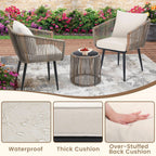 Beige 3 Piece Patio Rattan Bistro Conversation Set Outdoor Wicker Chairs And Side Table-3