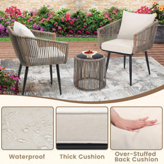 Beige 3 Piece Patio Rattan Bistro Conversation Set Outdoor Wicker Chairs And Side Table-3