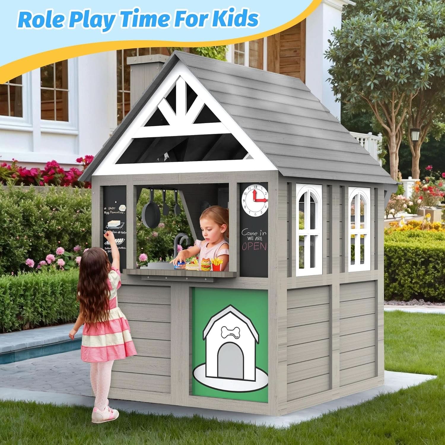 Kids Outdoor Playhouse Cedar Gray Weather Resistant-3