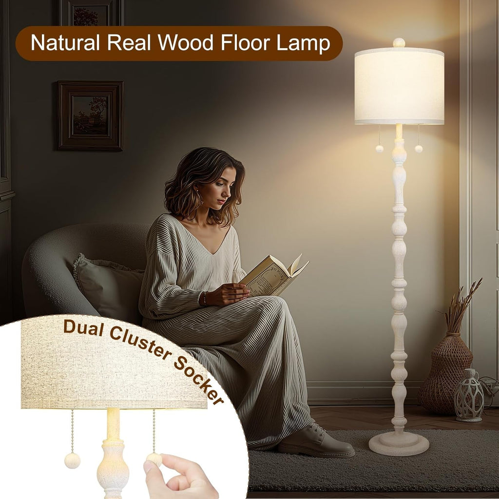 Tall Natural Wood Floor Lamp 65  Point Five Inches Linen Shade-1