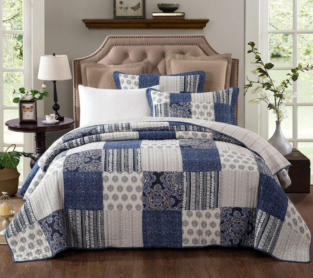 DaDa Bedding Denim Blue Patchwork Cotton Quilt Set-0