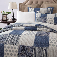 DaDa Bedding Denim Blue Patchwork Cotton Quilt Set