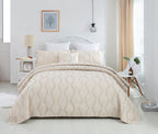 DaDa Bedding Soft Charming French Country Ruffles Quilted Cotton Bedspread Set - Ivory Cream Tan (JHW873)