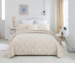 DaDa Bedding Soft Charming French Country Ruffles Quilted Cotton Bedspread Set - Ivory Cream Tan (JHW873)