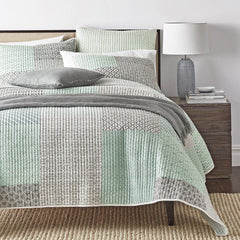 DaDa Bedding Contemporary Mint Green Grey Geometric Cotton Quilted Bedspread Set (JHW-804)-0