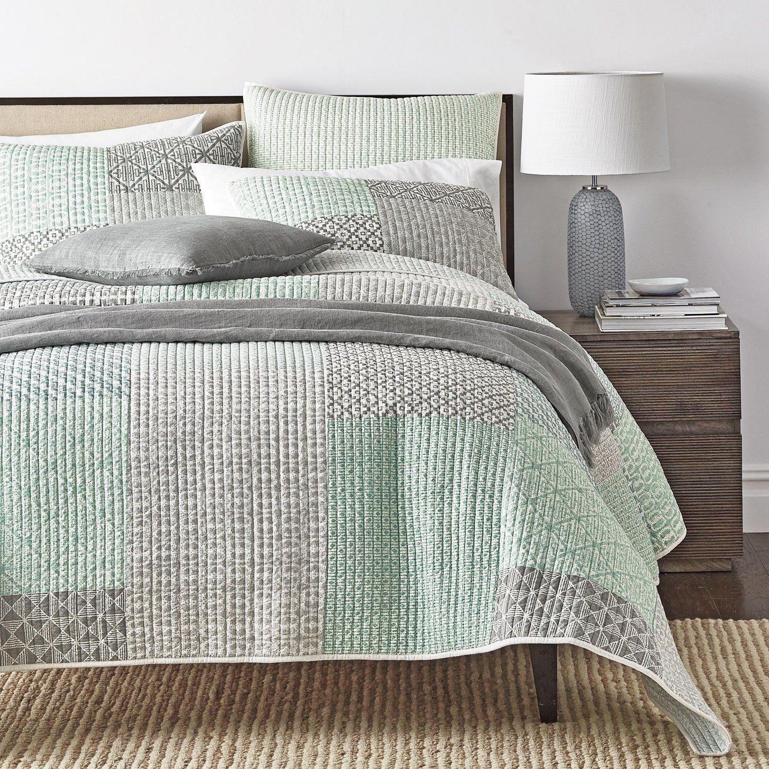 DaDa Bedding Contemporary Mint Green Grey Geometric Cotton Quilted Bedspread Set (JHW-804)-0