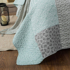 DaDa Bedding Contemporary Mint Green Grey Geometric Cotton Quilted Bedspread Set (JHW-804)-3
