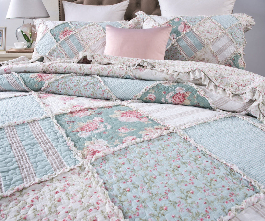 DaDa Bedding Hint of Mint Pastel Cotton Patchwork Quilt Set-1