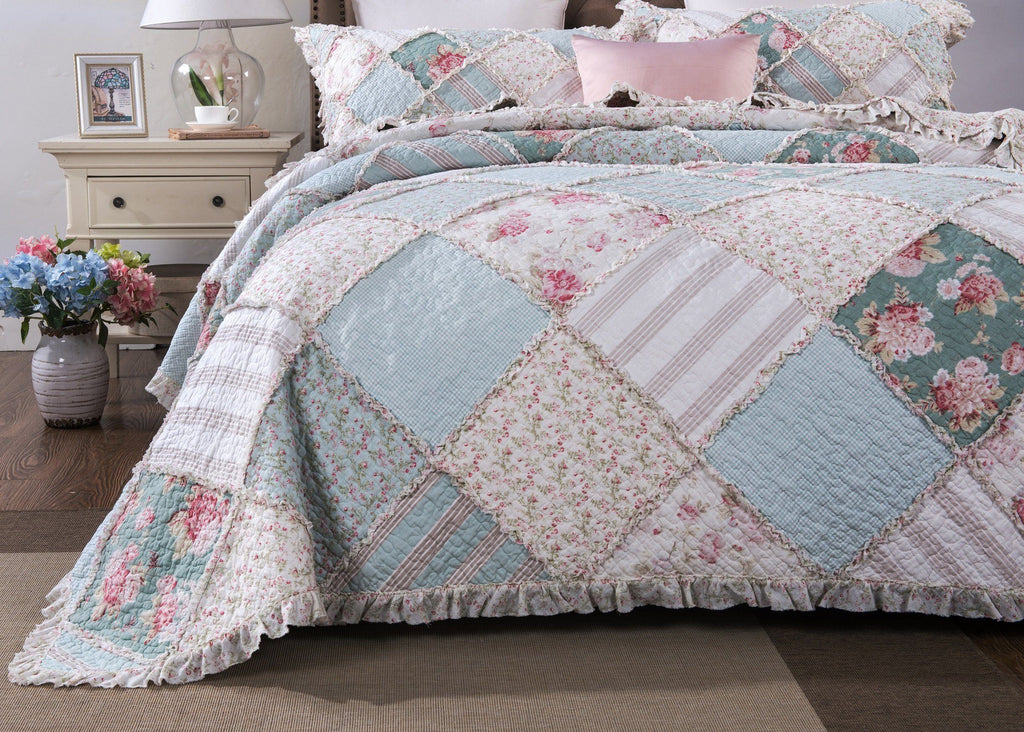 DaDa Bedding Hint of Mint Pastel Cotton Patchwork Quilt Set-2