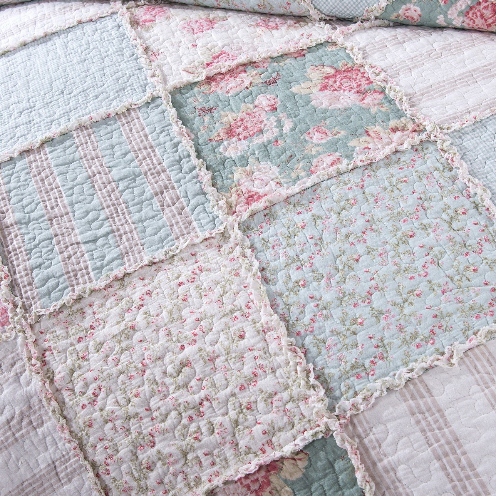 DaDa Bedding Hint of Mint Pastel Cotton Patchwork Quilt Set-4