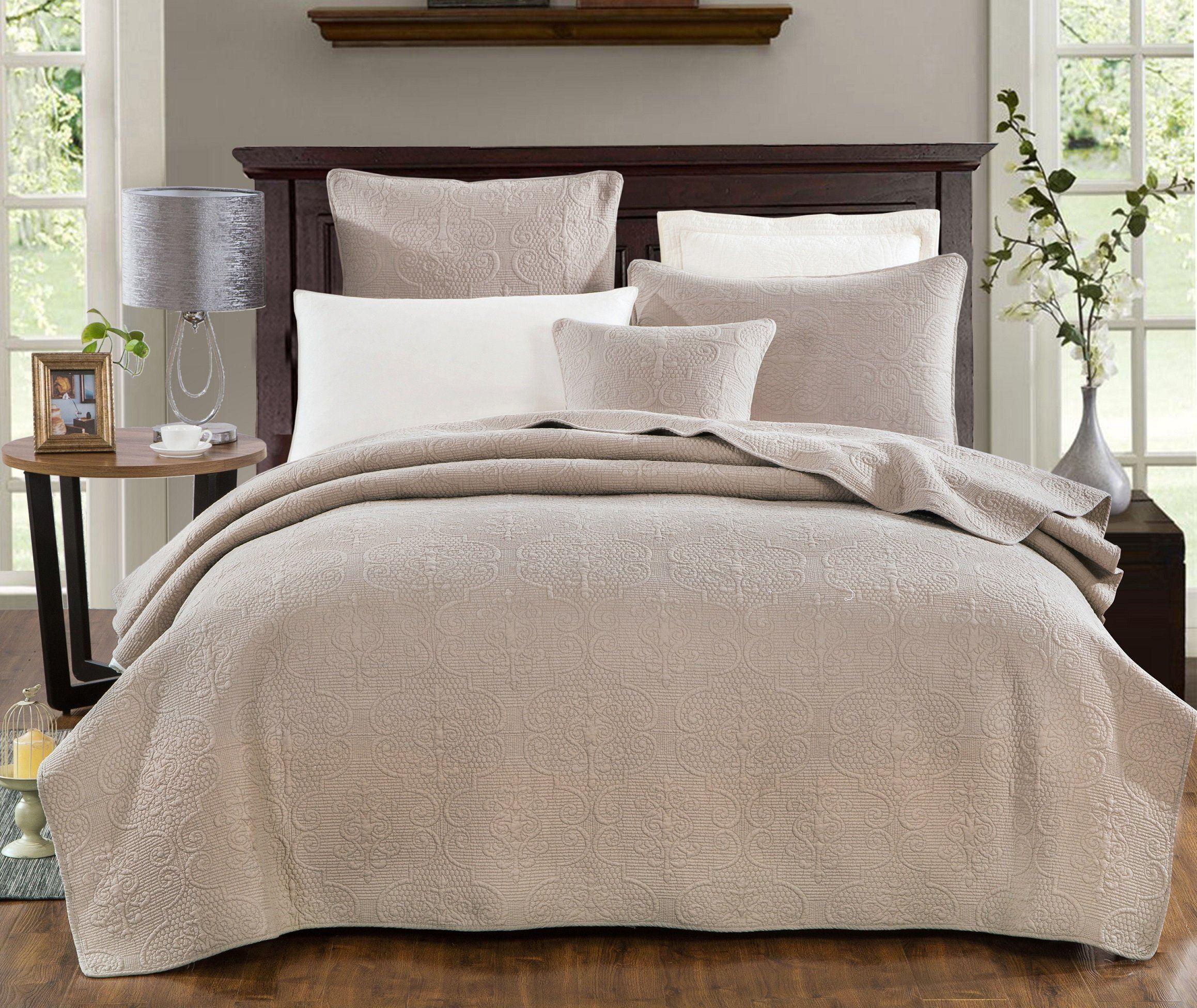 DaDa Bedding Neutral Taupe Beige Sandy Elegant Matelasse Cotton Quilted Bedspread Set (JHW-585)-3