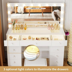 White Makeup Vanity With Illuminated Mirror Drawers-2