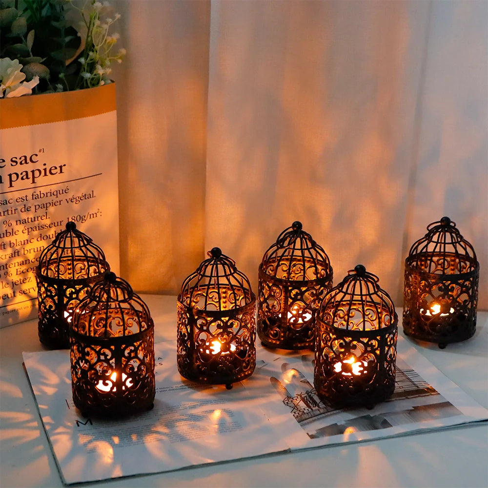 Set of 6 5.5" H Hanging Birdcage Tealight Lantern (Black)-2