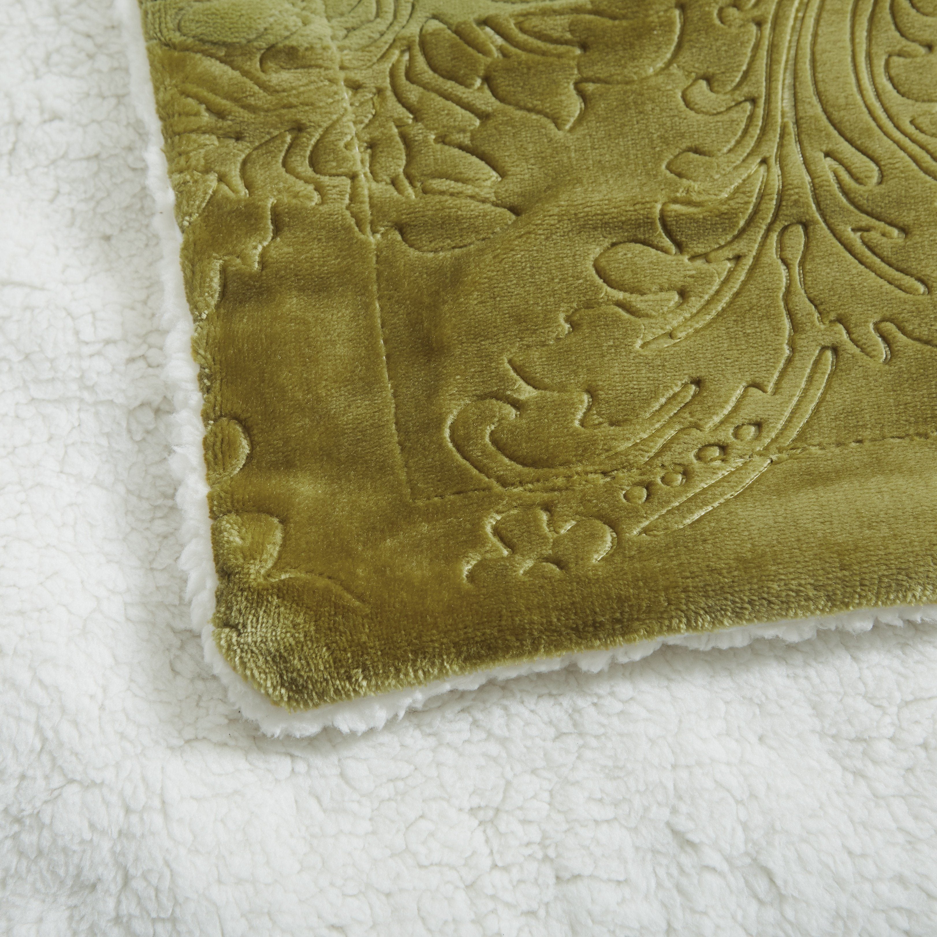 Tache Solid Embossed Green Olive Chartreuse Sherpa Throw Blanket (62096)-3