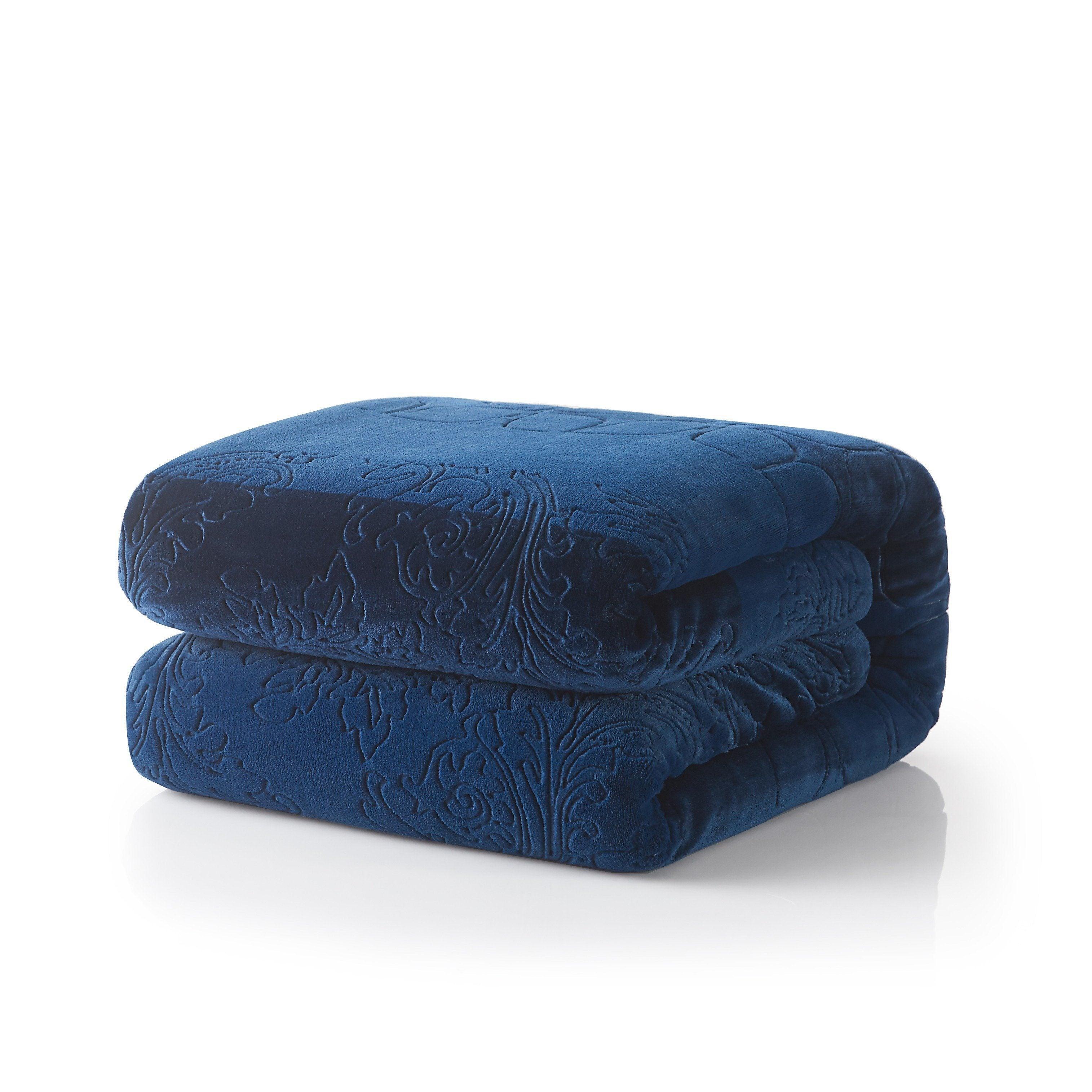 Tache Solid Embossed Cozy Night Blue Sherpa Throw Blanket-1