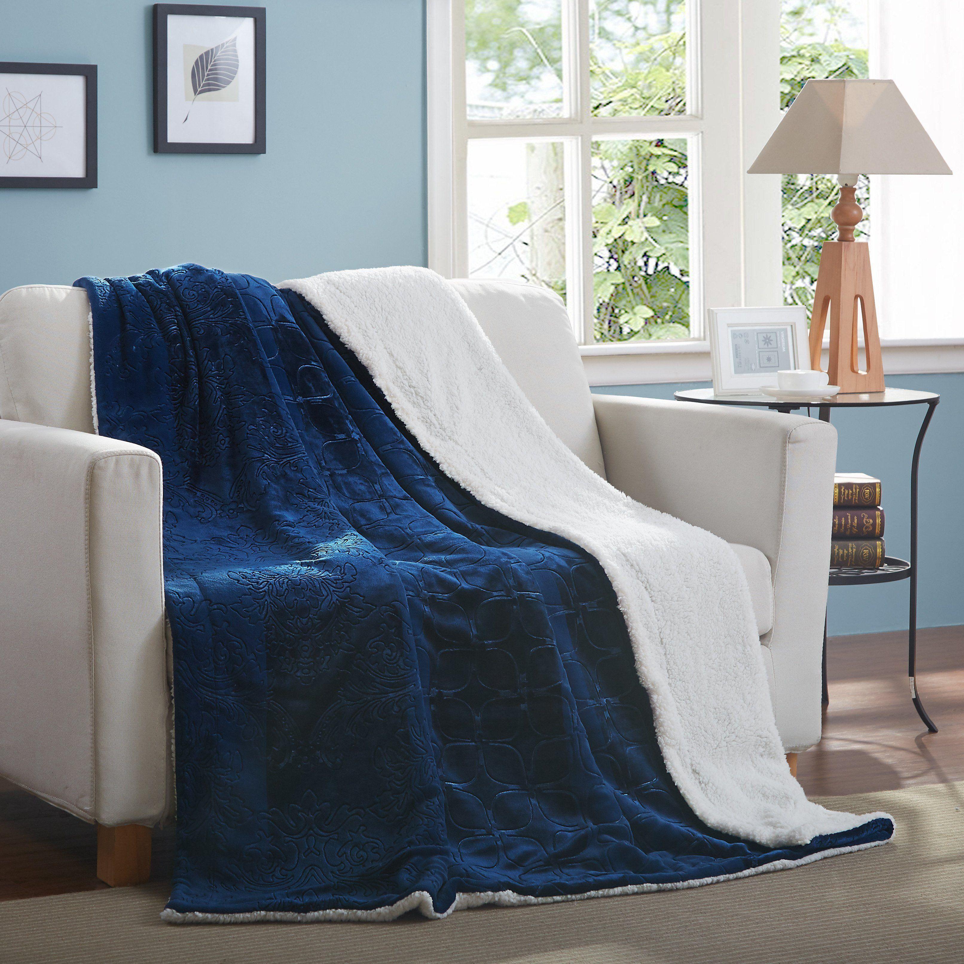 Tache Solid Embossed Cozy Night Blue Sherpa Throw Blanket-0
