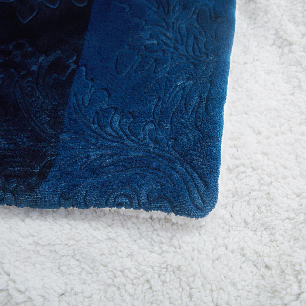 Tache Solid Embossed Cozy Night Blue Sherpa Throw Blanket-3