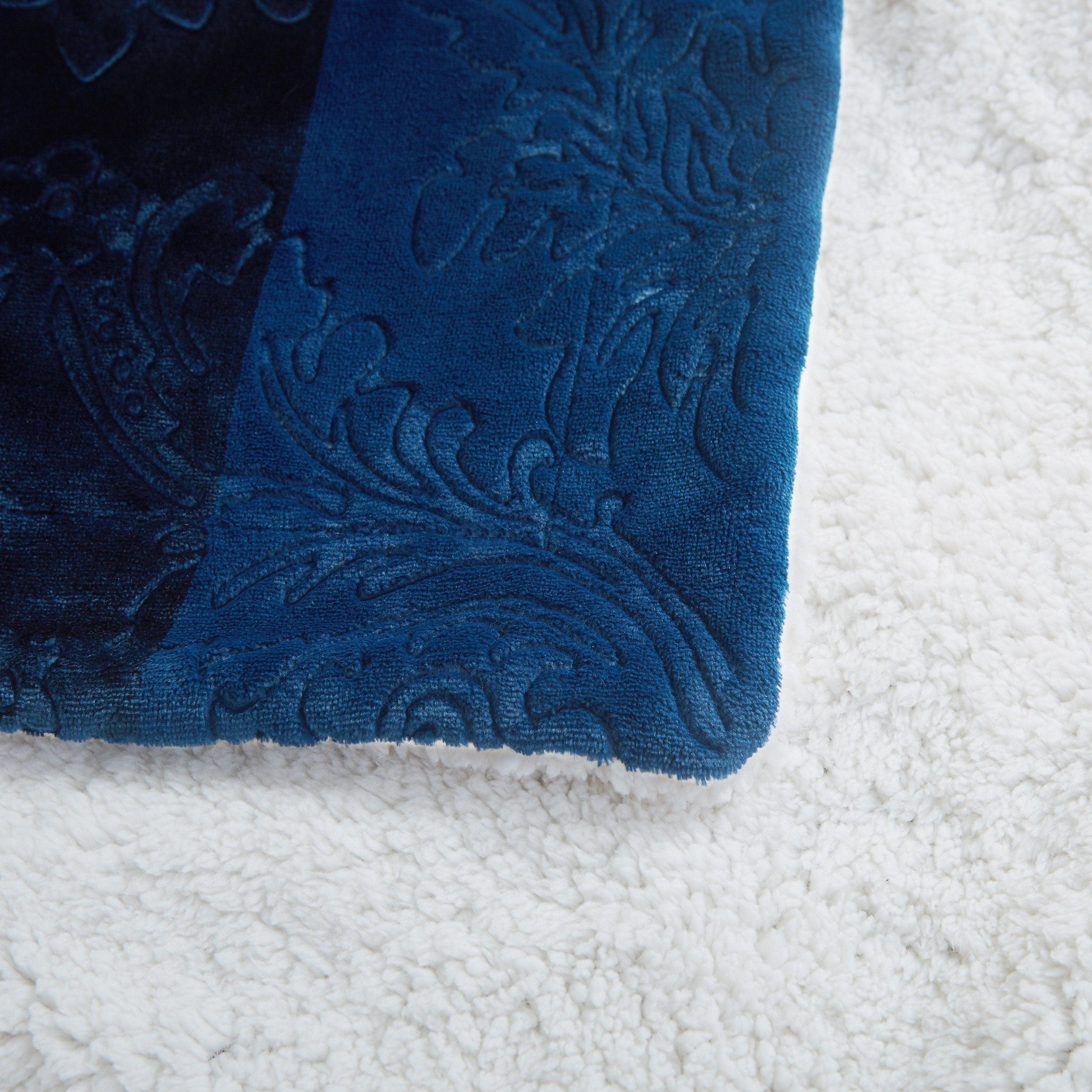 Tache Solid Embossed Cozy Night Blue Sherpa Throw Blanket-3