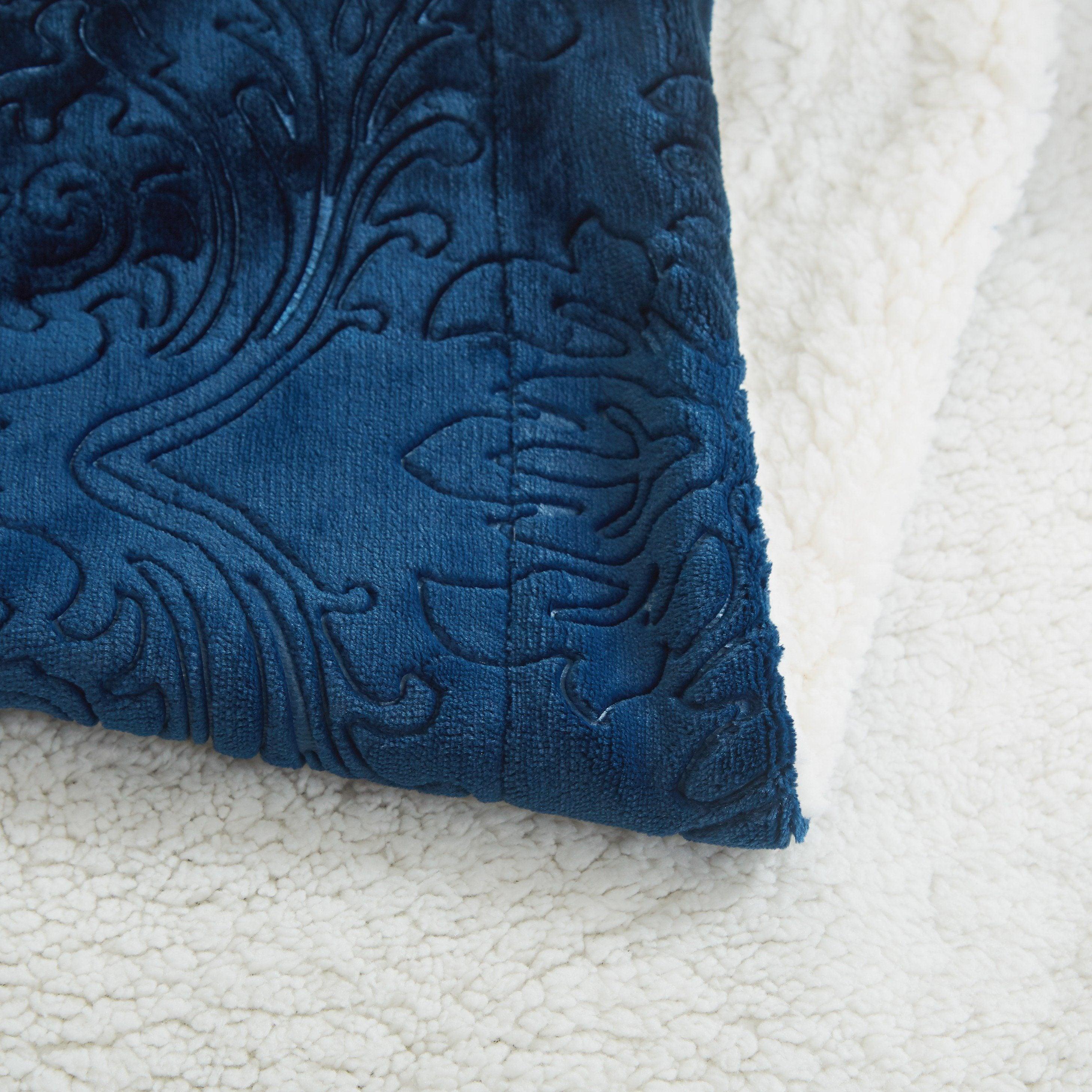 Tache Solid Embossed Cozy Night Blue Sherpa Throw Blanket-4
