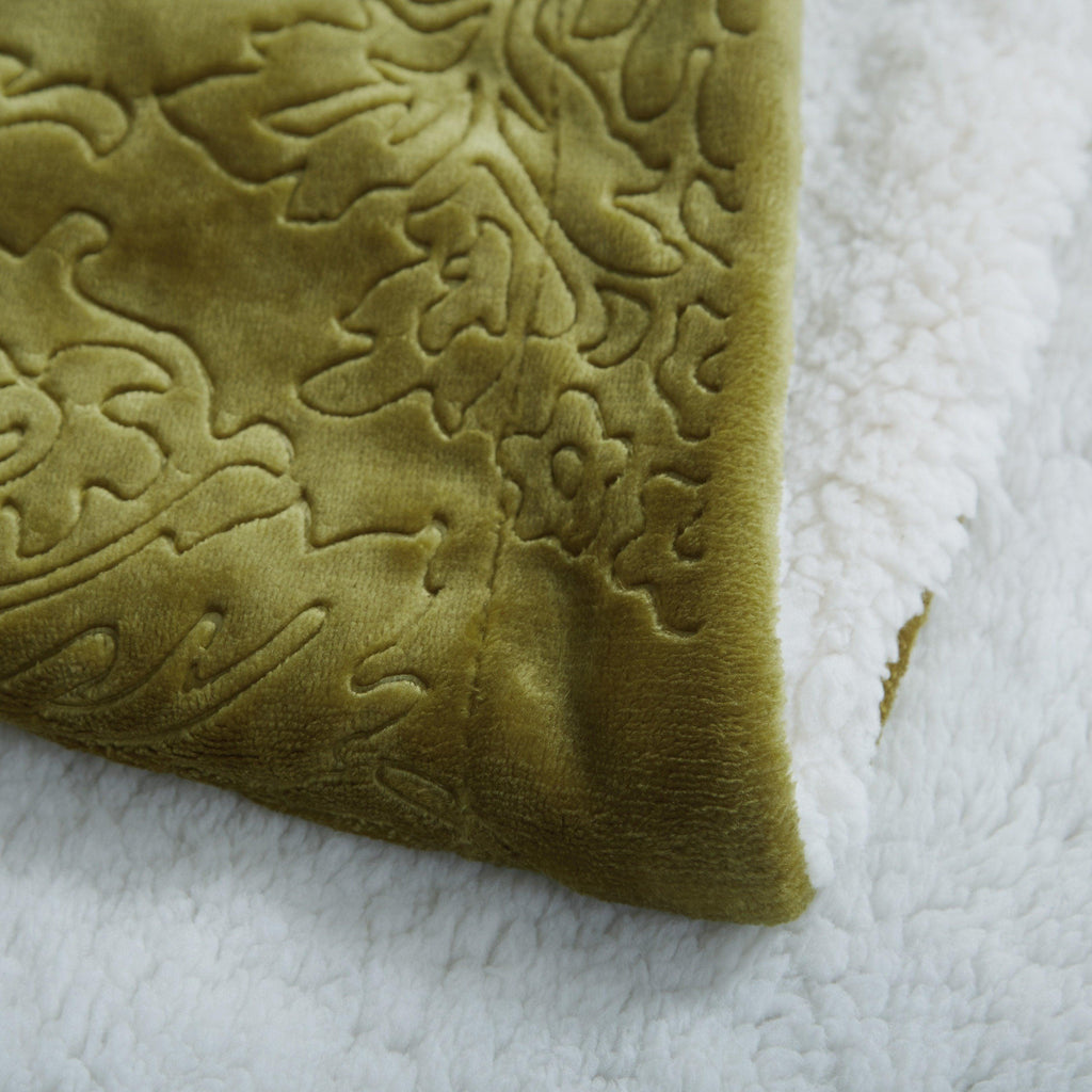 Tache Solid Embossed Green Olive Sherpa Throw Blanket-4