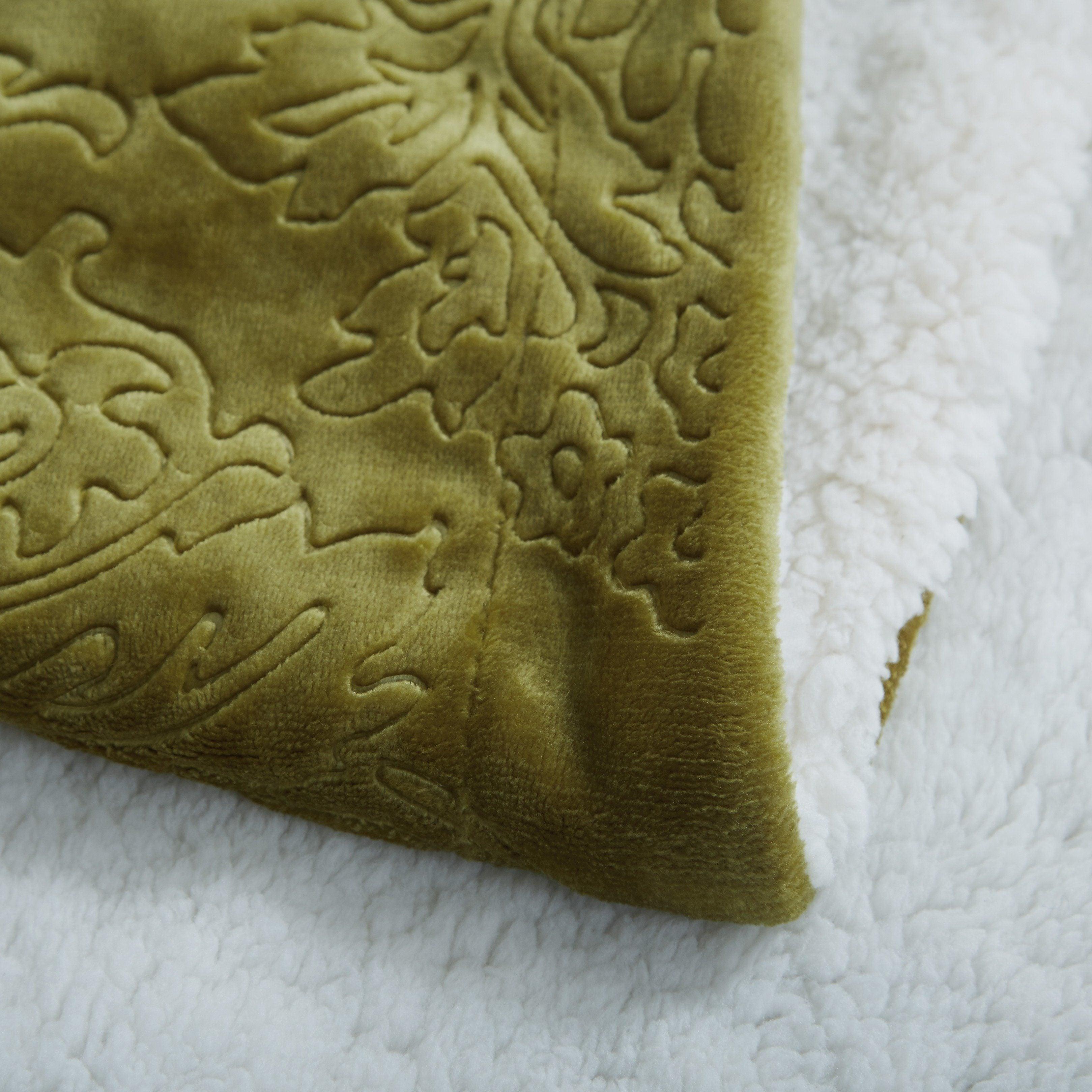 Tache Solid Embossed Green Olive Sherpa Throw Blanket-4
